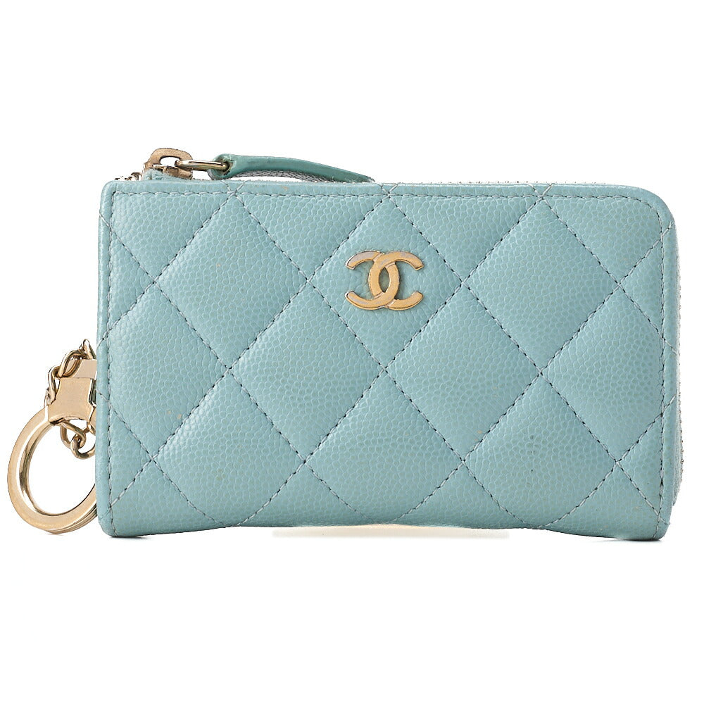 CHANEL Mini Matelasse Caviar Skin Chain Coin Case Mint Green G Fittings Gold -Tone Hardware, Pre-Owned