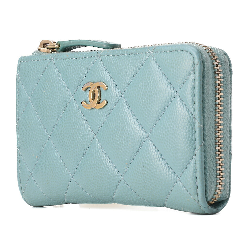 CHANEL Mini Matelasse Caviar Skin Chain Coin Case Mint Green G Fittings Gold -Tone Hardware, Pre-Owned
