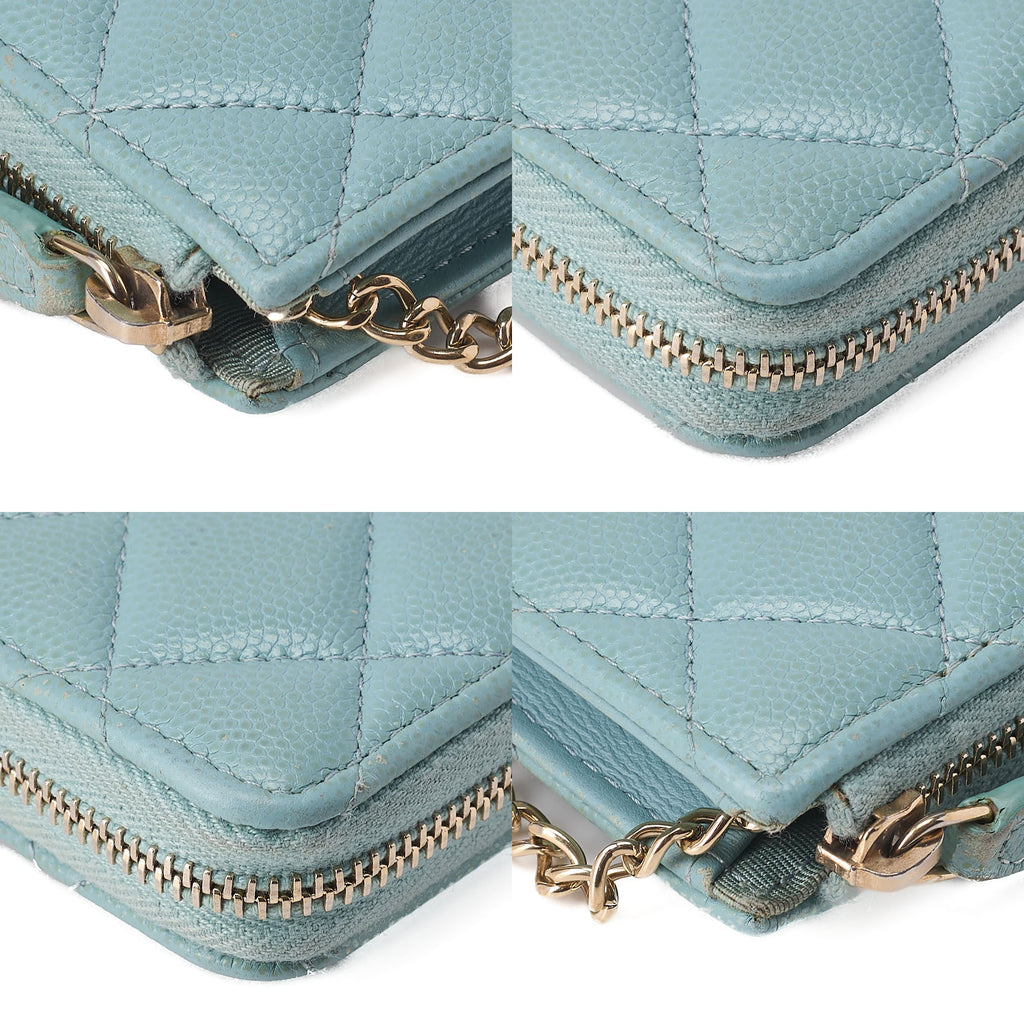 CHANEL Mini Matelasse Caviar Skin Chain Coin Case Mint Green G Fittings Gold -Tone Hardware, Pre-Owned