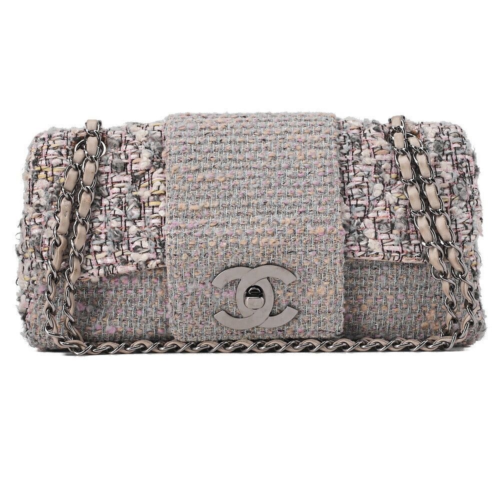 CHANEL Matelasse Tweed Big Coco Single Flap Double Chain Bag Gray Multicolor Silver-Tone Hardware, Pre-Owned
