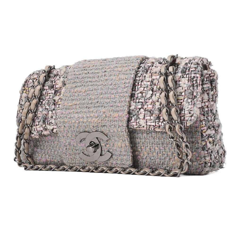 CHANEL Matelasse Tweed Big Coco Single Flap Double Chain Bag Gray Multicolor Silver-Tone Hardware, Pre-Owned