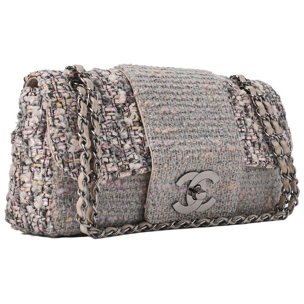 CHANEL Matelasse Tweed Big Coco Single Flap Double Chain Bag Gray Multicolor Silver-Tone Hardware, Pre-Owned