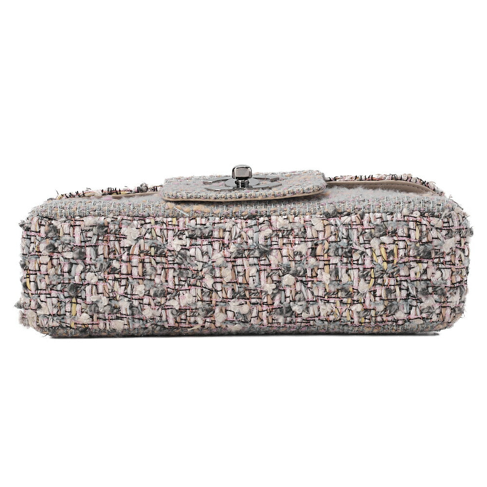 CHANEL Matelasse Tweed Big Coco Single Flap Double Chain Bag Gray Multicolor Silver-Tone Hardware, Pre-Owned