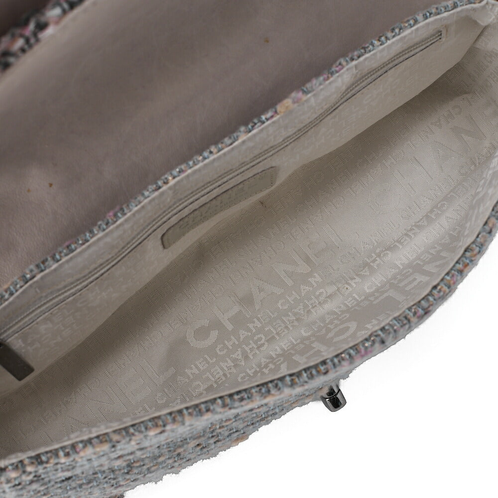 CHANEL Matelasse Tweed Big Coco Single Flap Double Chain Bag Gray Multicolor Silver-Tone Hardware, Pre-Owned