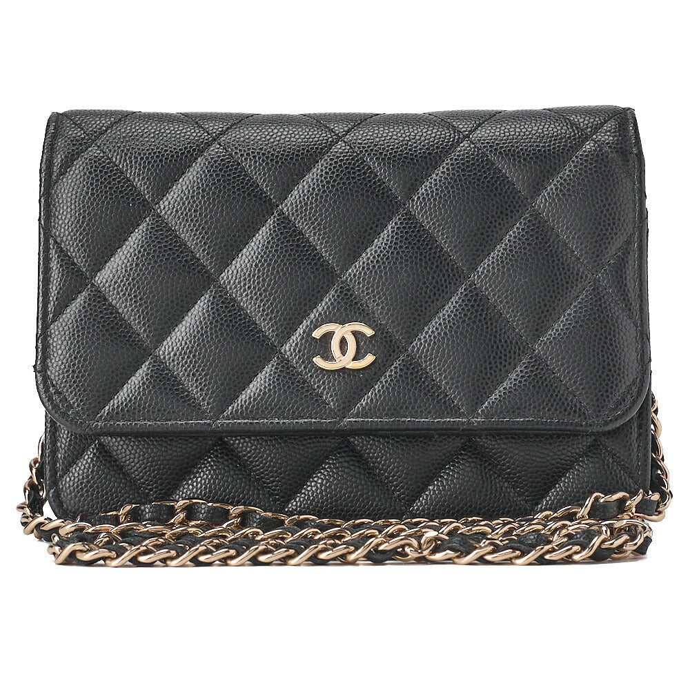 CHANEL Mini Matelasse Chain Wallet Magnetic Lock Caviar Skin Black Gold-Tone Hardware, Pre-Owned