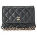 CHANEL Mini Matelasse Chain Wallet Magnetic Lock Caviar Skin Black Gold-Tone Hardware, Pre-Owned