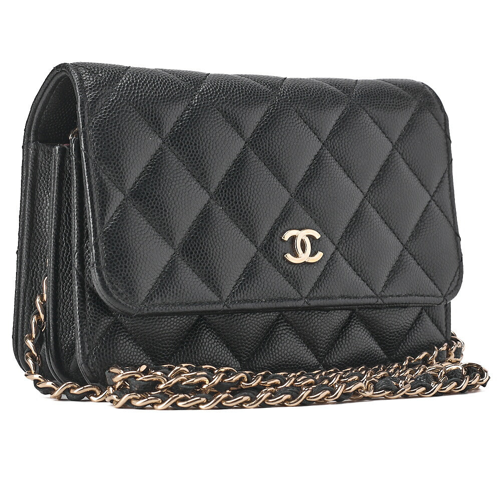 CHANEL Mini Matelasse Chain Wallet Magnetic Lock Caviar Skin Black Gold-Tone Hardware, Pre-Owned
