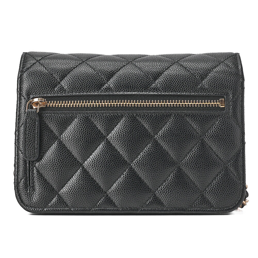 CHANEL Mini Matelasse Chain Wallet Magnetic Lock Caviar Skin Black Gold-Tone Hardware, Pre-Owned