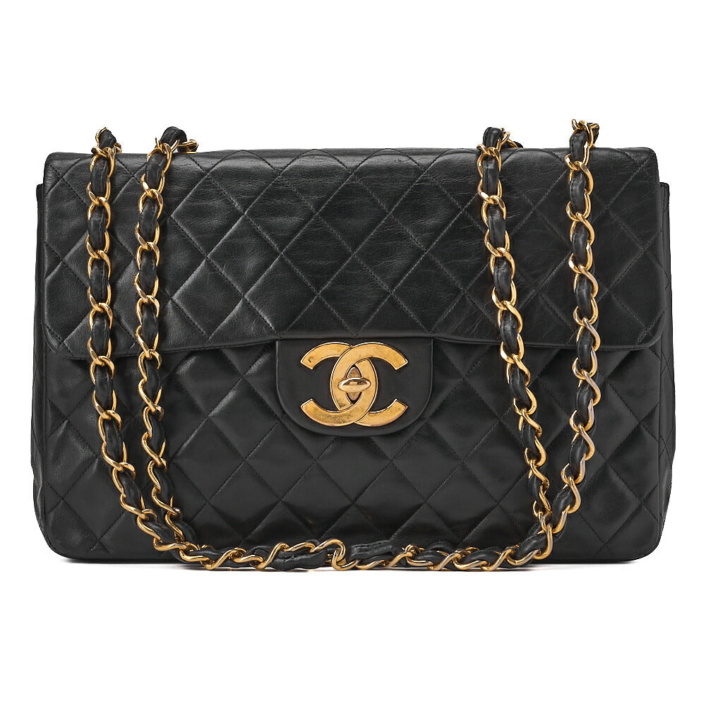 CHANEL Chain Shoulder Bag Deca Matelasse 34cm Single Flap Lambskin Black Gold-Tone Hardware, Pre-Owned