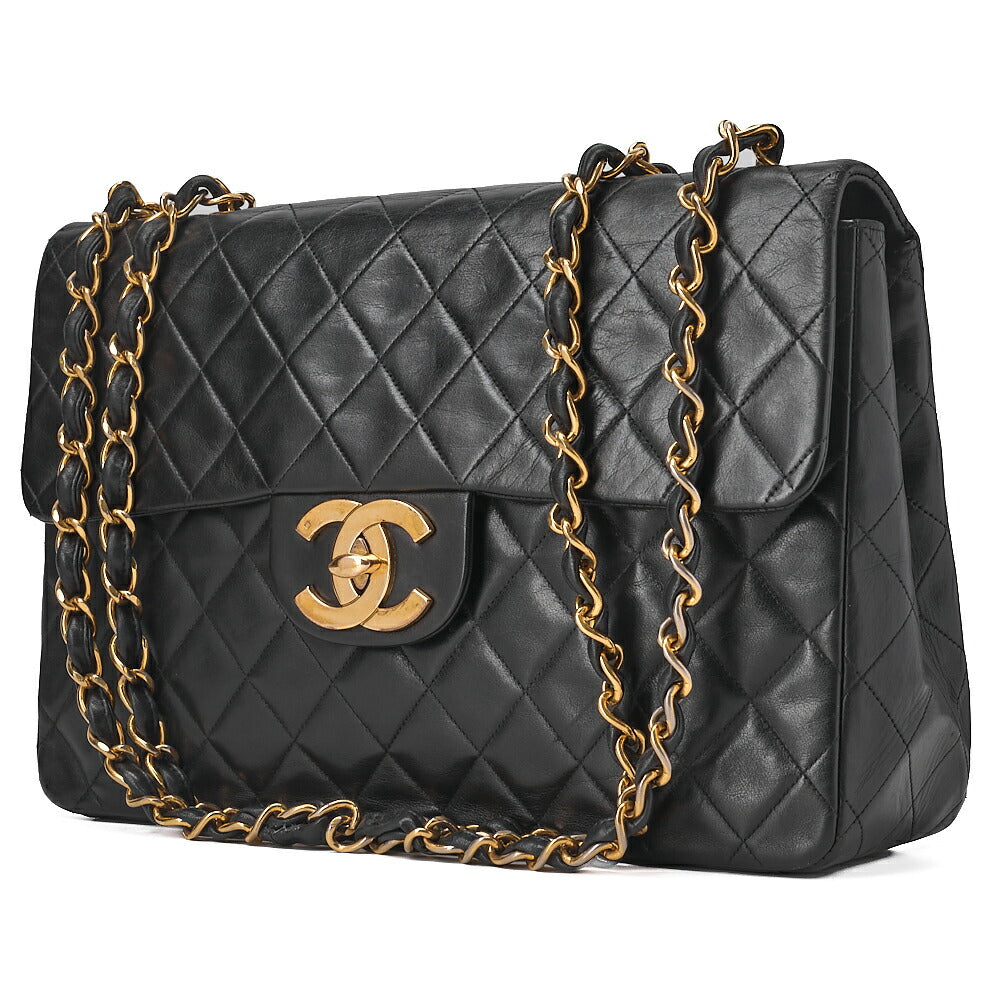 CHANEL Chain Shoulder Bag Deca Matelasse 34cm Single Flap Lambskin Black Gold-Tone Hardware, Pre-Owned