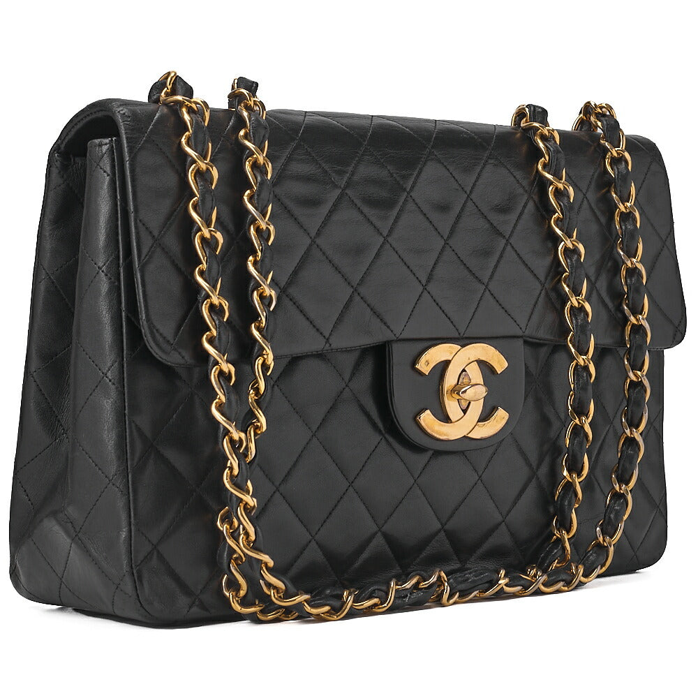 CHANEL Chain Shoulder Bag Deca Matelasse 34cm Single Flap Lambskin Black Gold-Tone Hardware, Pre-Owned