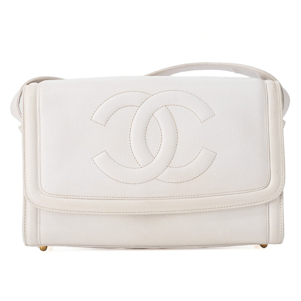 CHANEL Big Coco Mark Single Flap Shoulder Bag Caviar Skin White Gold-Tone Hardware, Pre-Owned