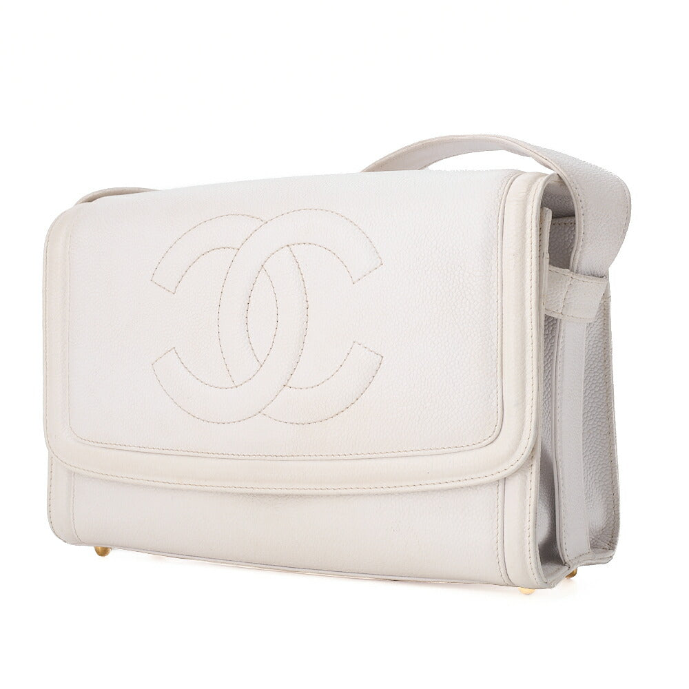 CHANEL Big Coco Mark Single Flap Shoulder Bag Caviar Skin White Gold-Tone Hardware, Pre-Owned