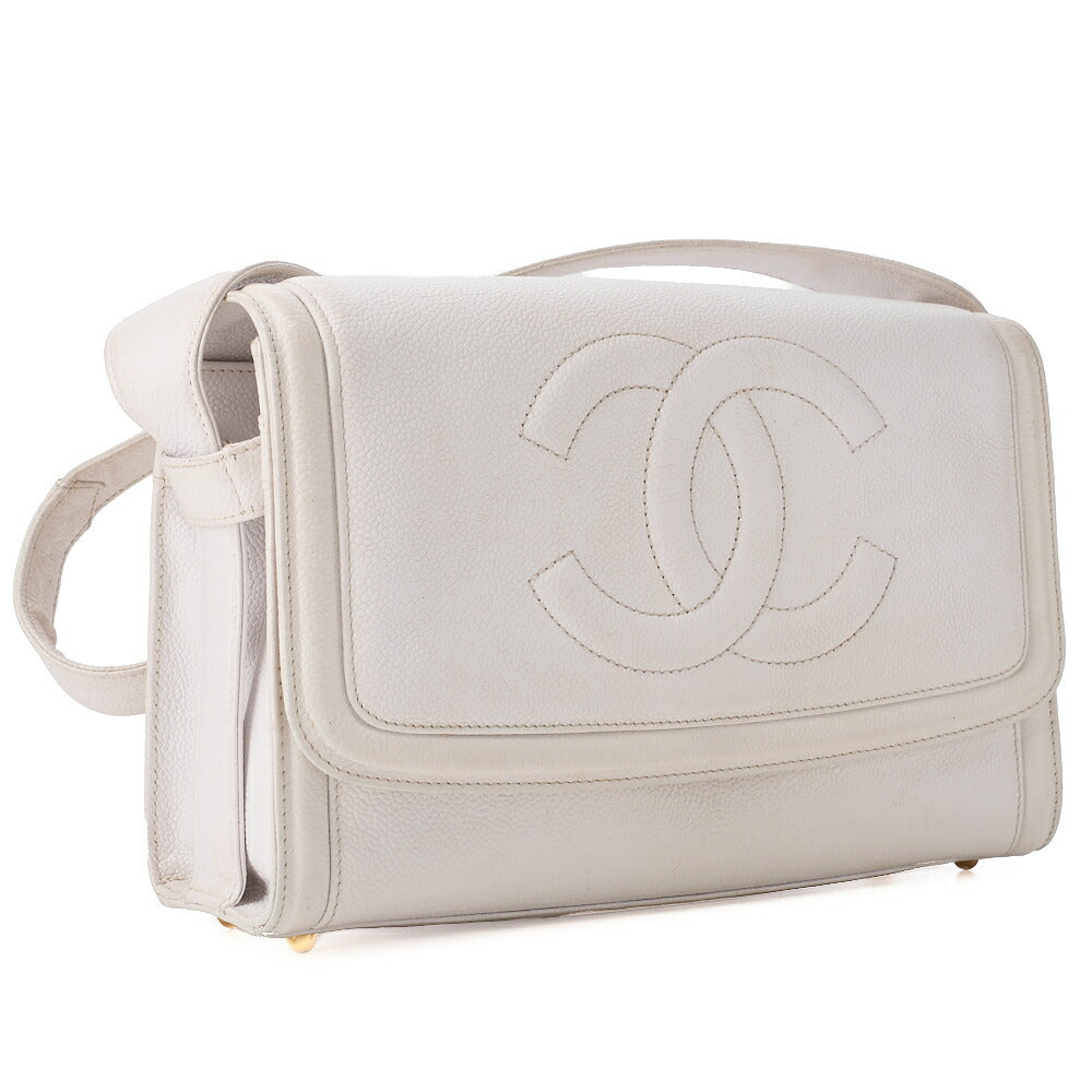CHANEL Big Coco Mark Single Flap Shoulder Bag Caviar Skin White Gold-Tone Hardware, Pre-Owned