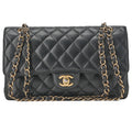 CHANEL Caviar Skin Matelasse 25cm Double Flap Chain Shoulder Black Gold-Tone Hardware, Pre-Owned