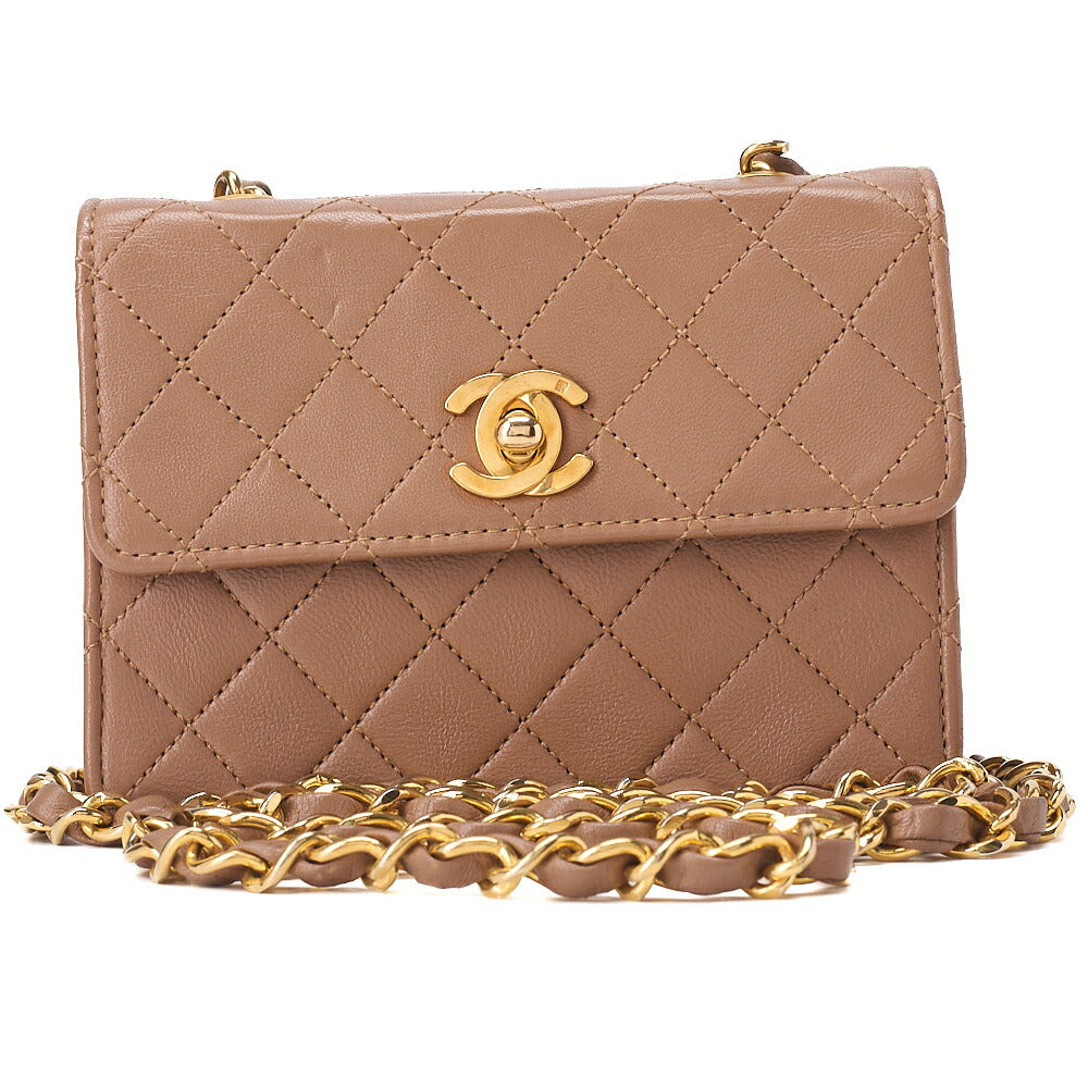 CHANEL Chain Shoulder Bag Mini Mini Matelasse Lambskin Brown Gold -Tone Hardware, Pre-Owned