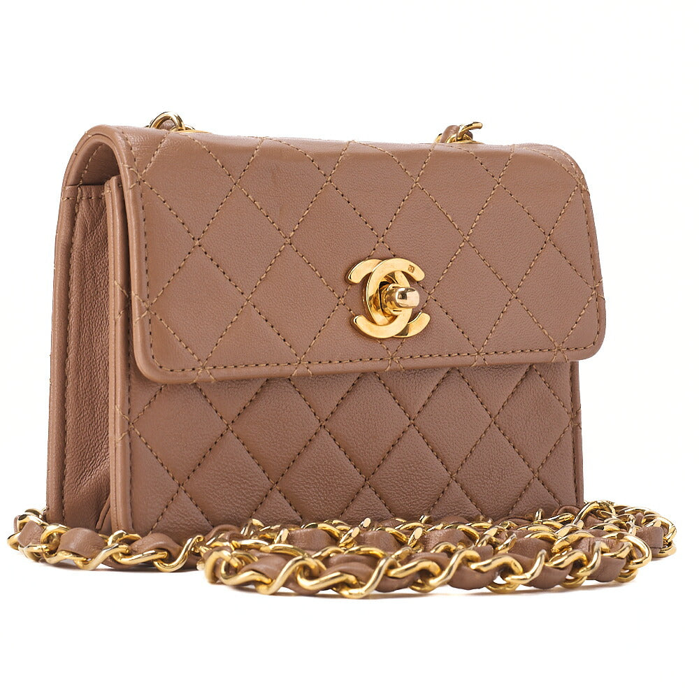 CHANEL Chain Shoulder Bag Mini Mini Matelasse Lambskin Brown Gold -Tone Hardware, Pre-Owned