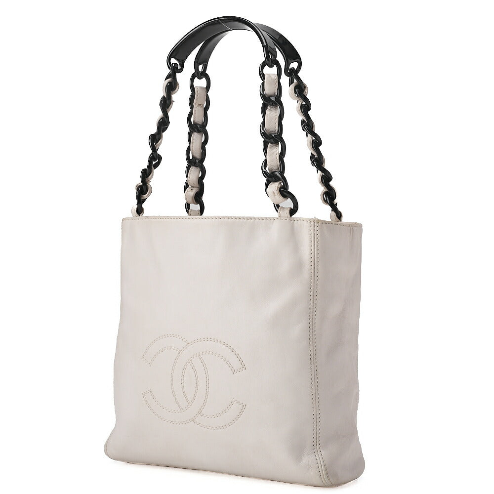 CHANEL Chain Tote Bag Cocomark Plastic Chain Shoulder Lambskin White Gold-Tone Hardware, Pre-Owned