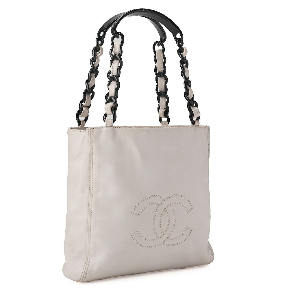 CHANEL Chain Tote Bag Cocomark Plastic Chain Shoulder Lambskin White Gold-Tone Hardware, Pre-Owned
