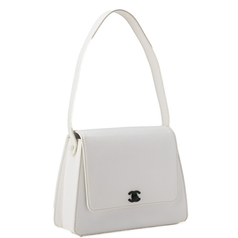 CHANEL Caviar Skin Single Turnlock One Shoulder White Black-Tone Hardware, Pre-Owned