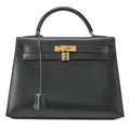 HERMES Kelly 32 Handbag Box Calf Exterior Stitching Black Gold-Tone Hardware, Pre-Owned