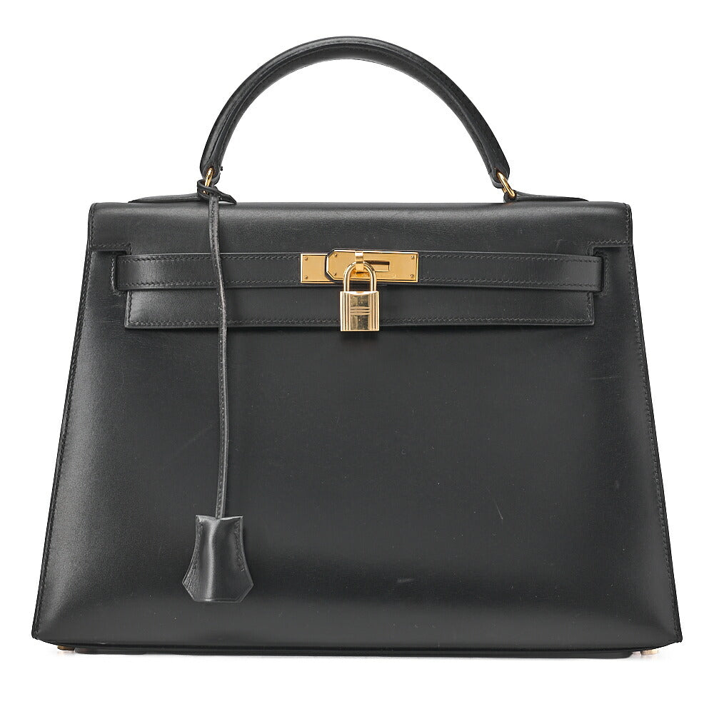 HERMES Kelly 32 Handbag Box Calf Exterior Stitching Black Gold-Tone Hardware, Pre-Owned