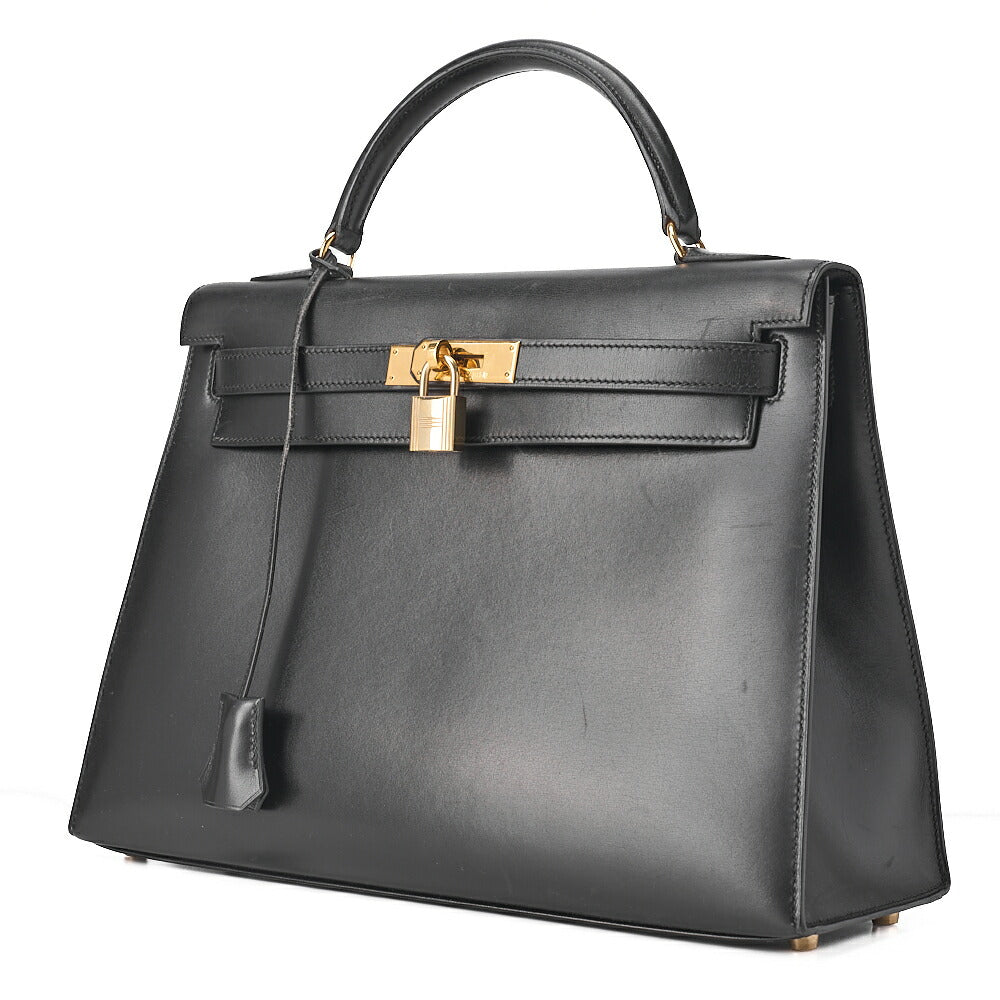 HERMES Kelly 32 Handbag Box Calf Exterior Stitching Black Gold-Tone Hardware, Pre-Owned