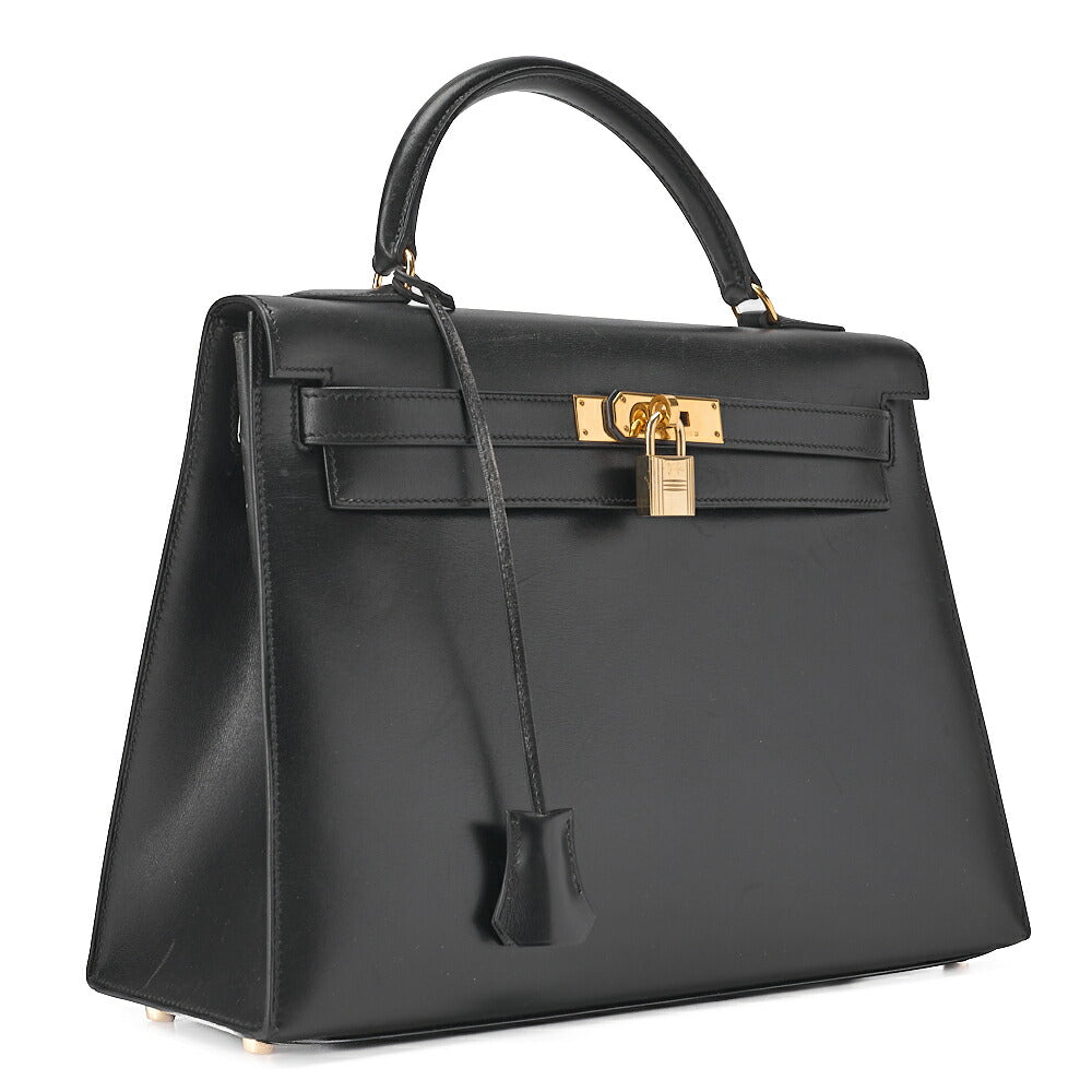 HERMES Kelly 32 Handbag Box Calf Exterior Stitching Black Gold-Tone Hardware, Pre-Owned