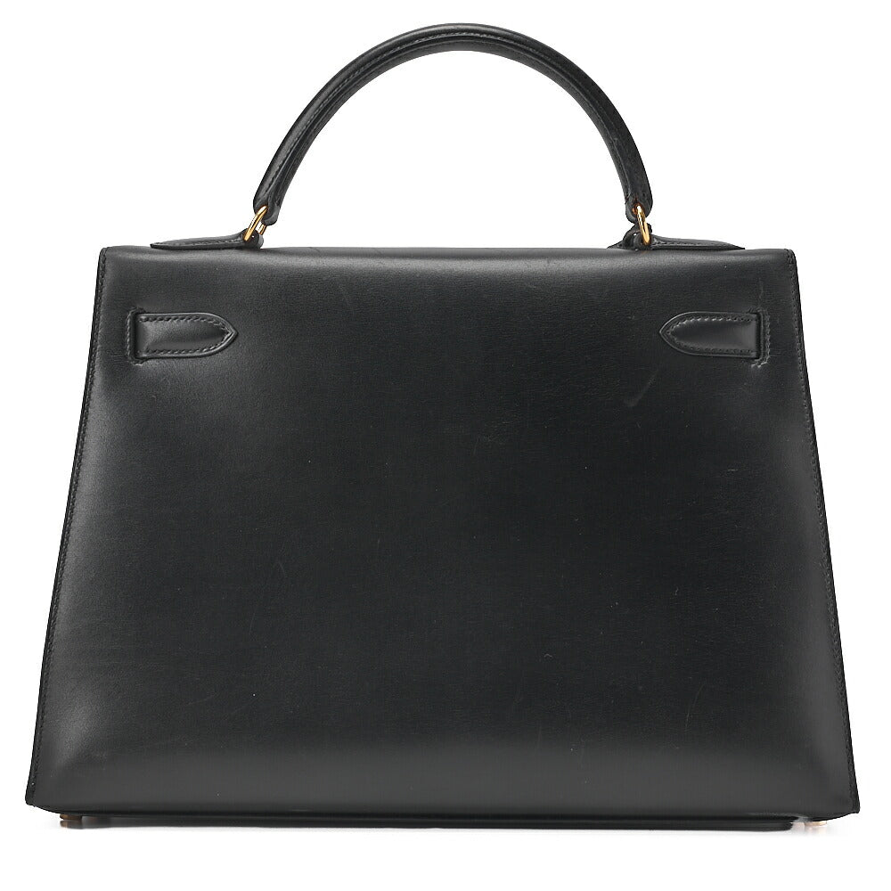 HERMES Kelly 32 Handbag Box Calf Exterior Stitching Black Gold-Tone Hardware, Pre-Owned