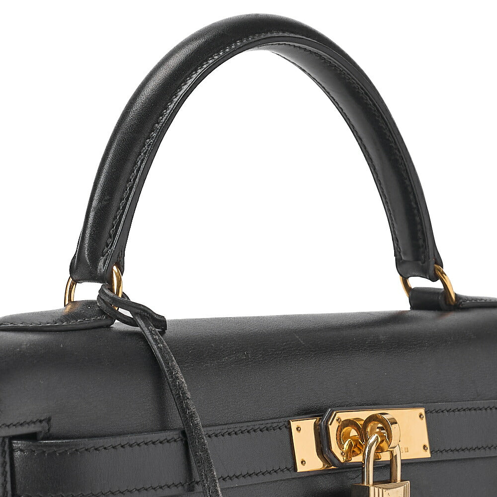 HERMES Kelly 32 Handbag Box Calf Exterior Stitching Black Gold-Tone Hardware, Pre-Owned