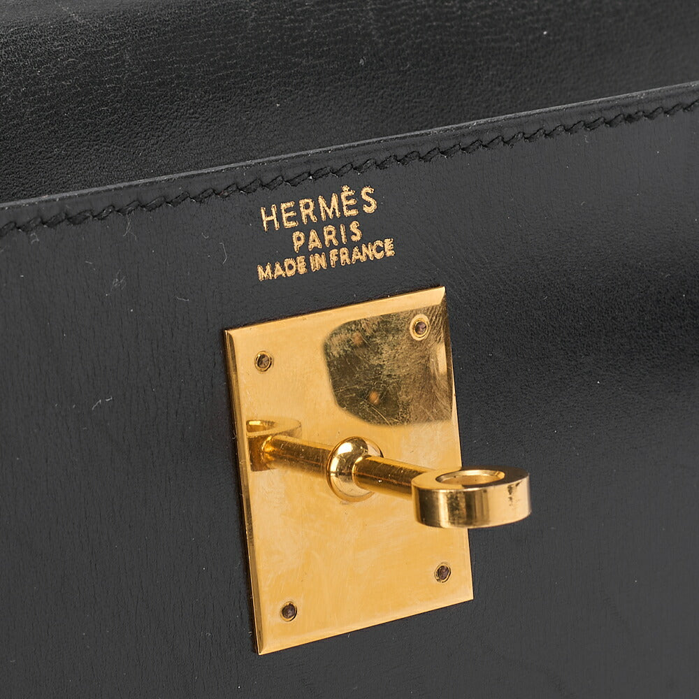 HERMES Kelly 32 Handbag Box Calf Exterior Stitching Black Gold-Tone Hardware, Pre-Owned