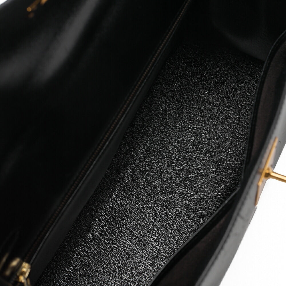 HERMES Kelly 32 Handbag Box Calf Exterior Stitching Black Gold-Tone Hardware, Pre-Owned