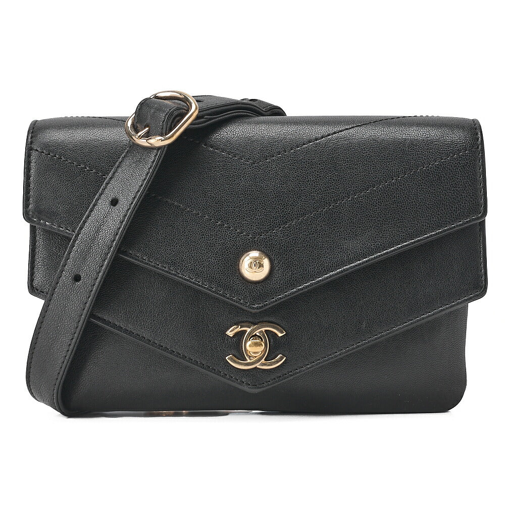 CHANEL Waist Bag V-Stitch Turnlock Calfskin Black Gold-Tone Hardware, Pre-Owned