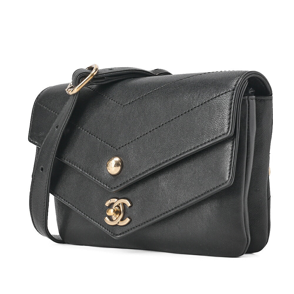 CHANEL Waist Bag V-Stitch Turnlock Calfskin Black Gold-Tone Hardware, Pre-Owned