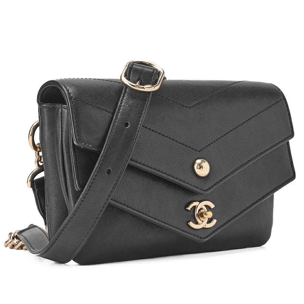 CHANEL Waist Bag V-Stitch Turnlock Calfskin Black Gold-Tone Hardware, Pre-Owned