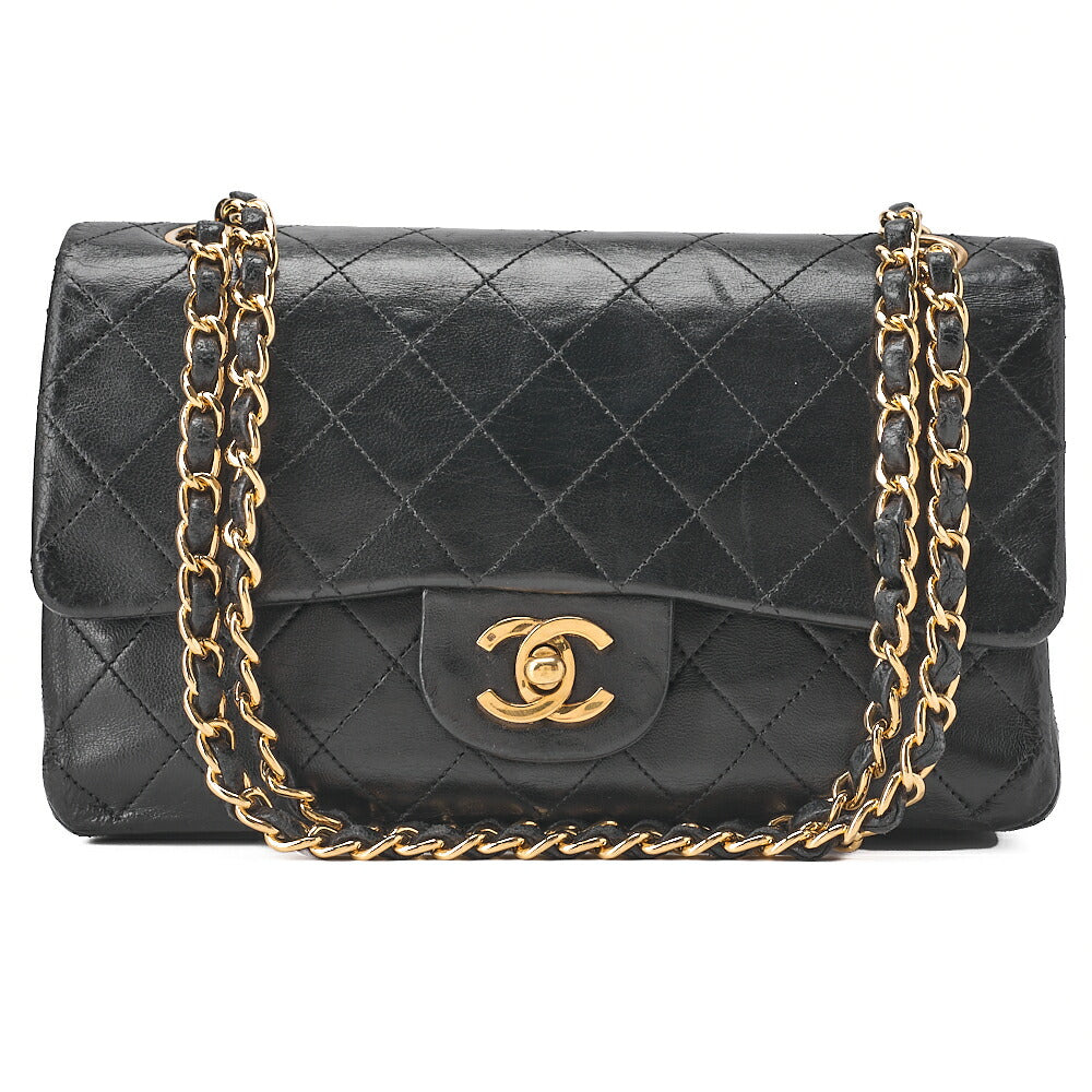 CHANEL Chain Shoulder Bag Matelasse 23cm Double Flap Lambskin Black Gold-Tone Hardware, Pre-Owned