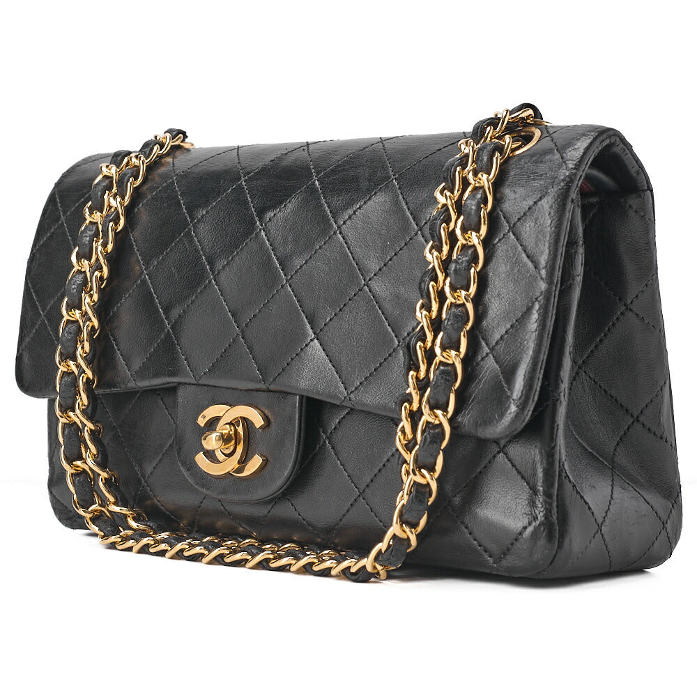 CHANEL Chain Shoulder Bag Matelasse 23cm Double Flap Lambskin Black Gold-Tone Hardware, Pre-Owned