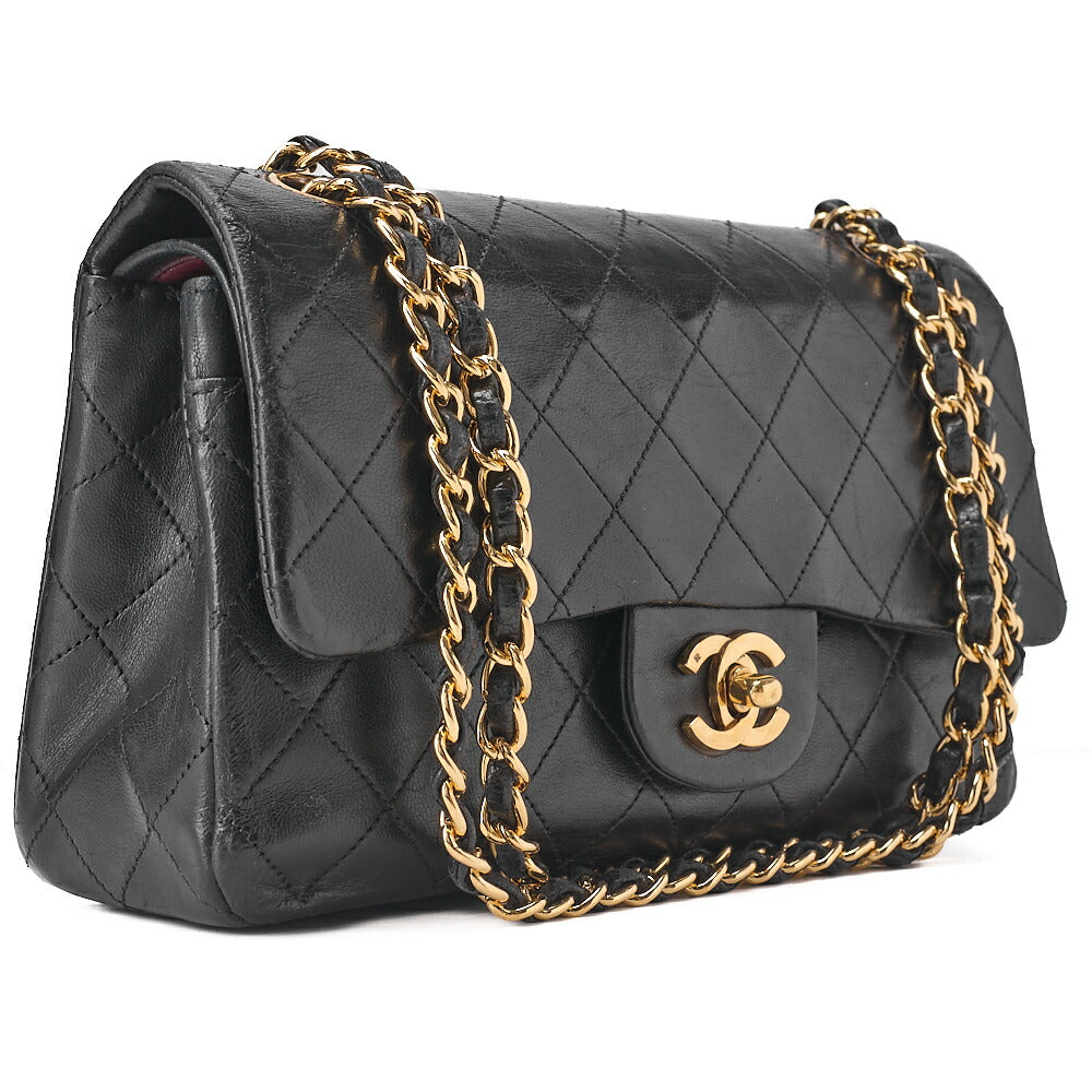 CHANEL Chain Shoulder Bag Matelasse 23cm Double Flap Lambskin Black Gold-Tone Hardware, Pre-Owned