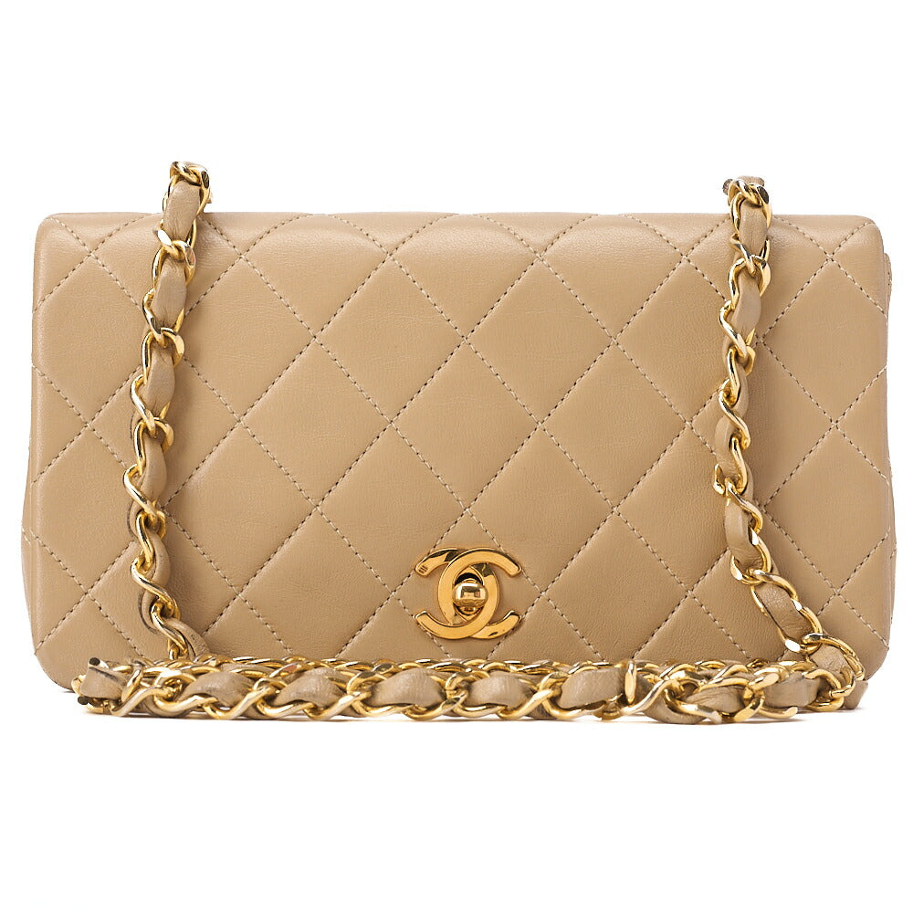 CHANEL Lambskin Matelasse Full Flap 19cm Chain Shoulder Beige Gold-Tone Hardware, Pre-Owned