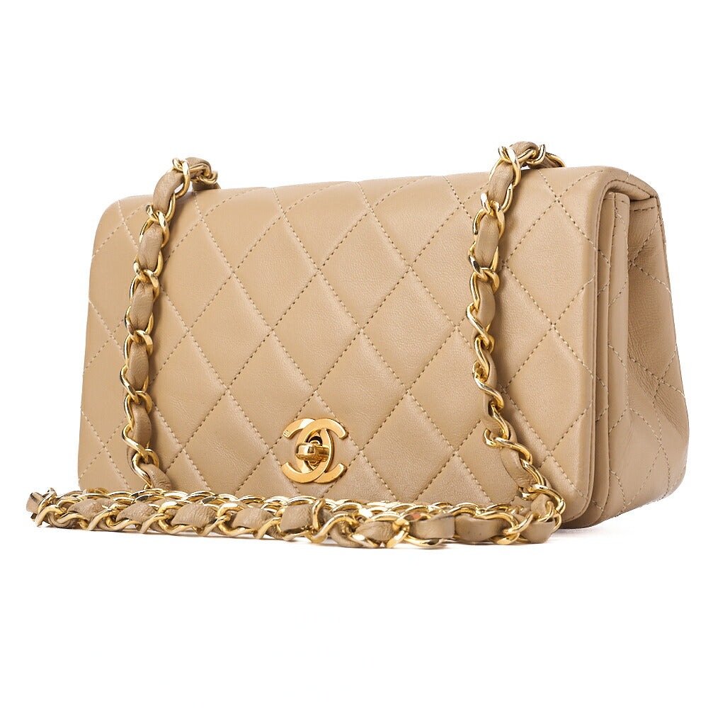 CHANEL Lambskin Matelasse Full Flap 19cm Chain Shoulder Beige Gold-Tone Hardware, Pre-Owned