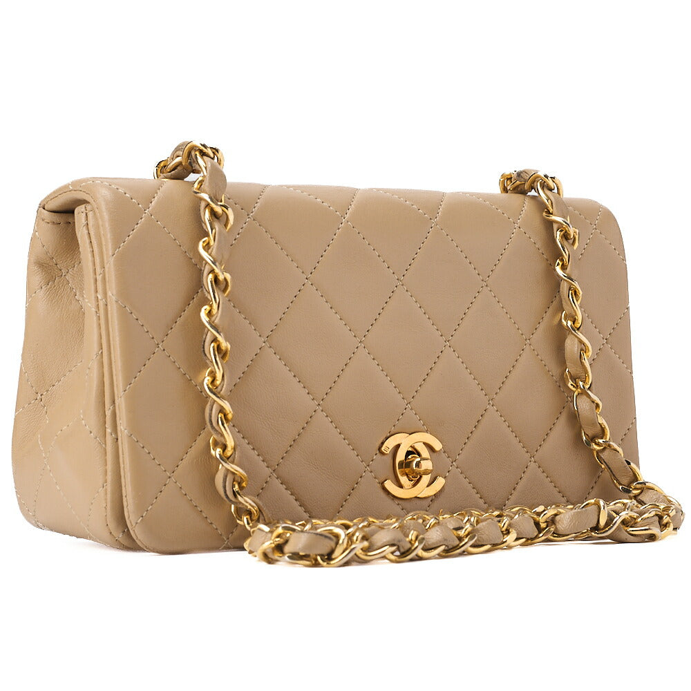 CHANEL Lambskin Matelasse Full Flap 19cm Chain Shoulder Beige Gold-Tone Hardware, Pre-Owned