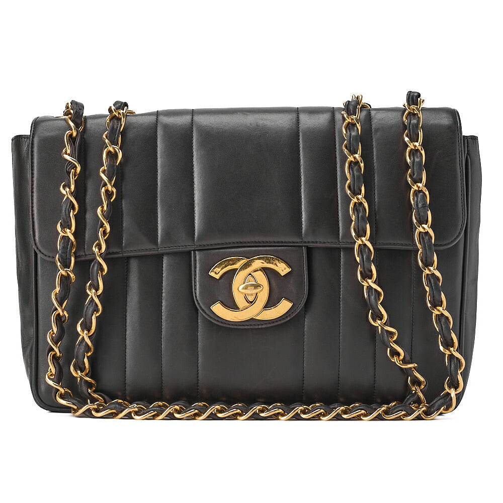 CHANEL Mademoiselle 30cm Single Flap Chain Shoulder Lambskin Black Gold-Tone Hardware, Pre-Owned