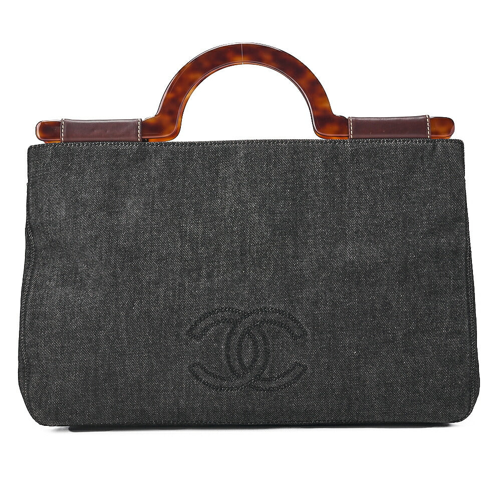 CHANEL Handbag Coco Mark Tortoiseshell Denim Black Gold-Tone Hardware, Pre-Owned