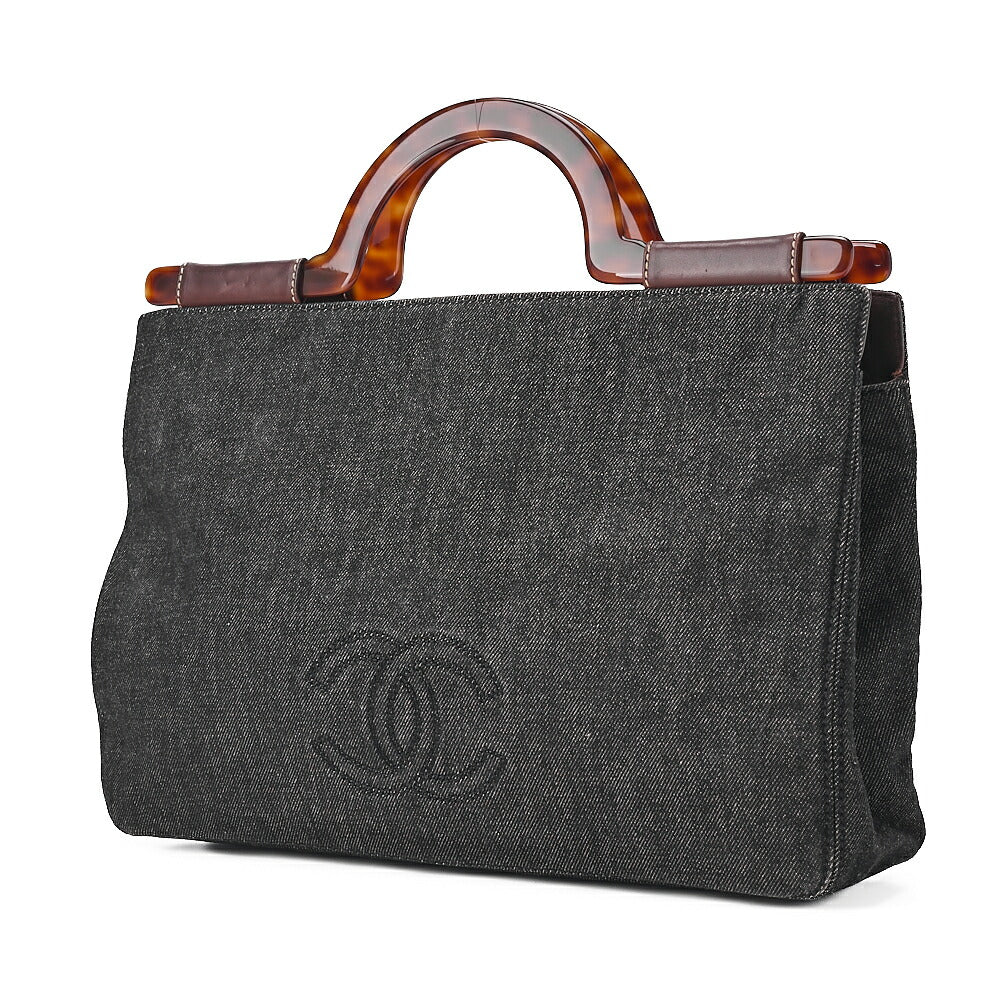 CHANEL Handbag Coco Mark Tortoiseshell Denim Black Gold-Tone Hardware, Pre-Owned