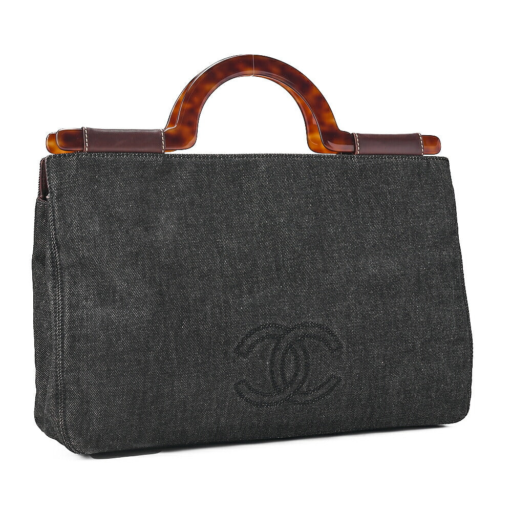 CHANEL Handbag Coco Mark Tortoiseshell Denim Black Gold-Tone Hardware, Pre-Owned