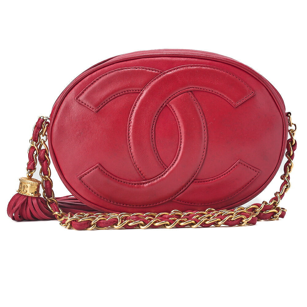 CHANEL Coco Mark Fringe Round Chain Shoulder Lambskin Red Gold-Tone Hardware, Pre-Owned