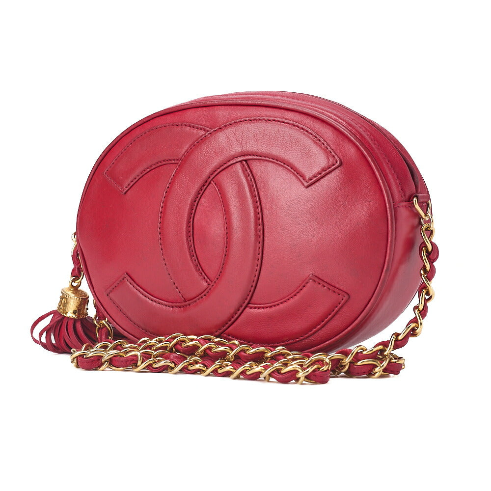 CHANEL Coco Mark Fringe Round Chain Shoulder Lambskin Red Gold-Tone Hardware, Pre-Owned