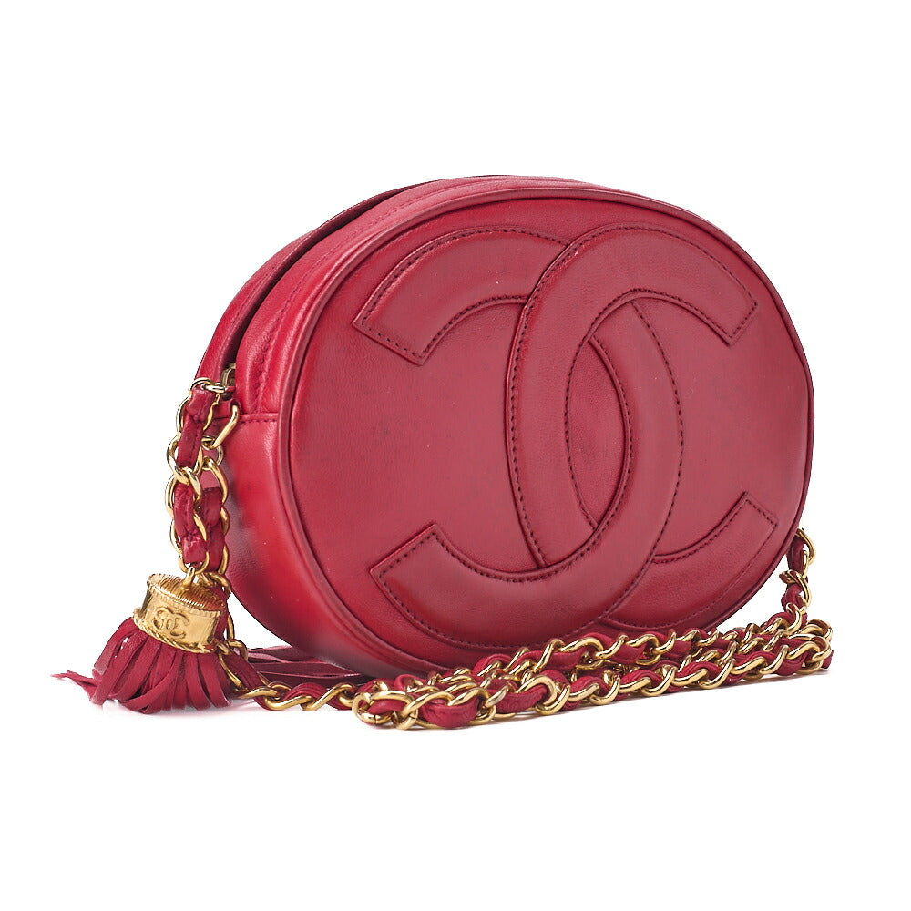 CHANEL Coco Mark Fringe Round Chain Shoulder Lambskin Red Gold-Tone Hardware, Pre-Owned