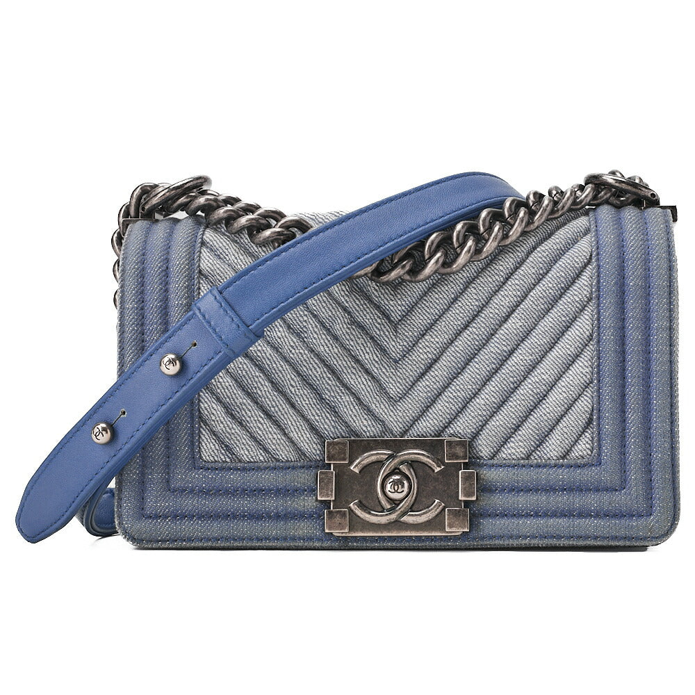 CHANEL Boy Chanel 20cm Chevron Chain Shoulder Denim Blue Silver-Tone Hardware, Pre-Owned