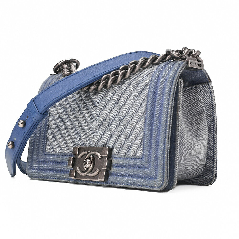 CHANEL Boy Chanel 20cm Chevron Chain Shoulder Denim Blue Silver-Tone Hardware, Pre-Owned